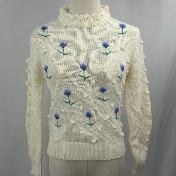 E.V LTD Sweaters - Vintage 80s Floral Knit Sweater 3D Bobble Mock Neck Cottagecore Size Medium